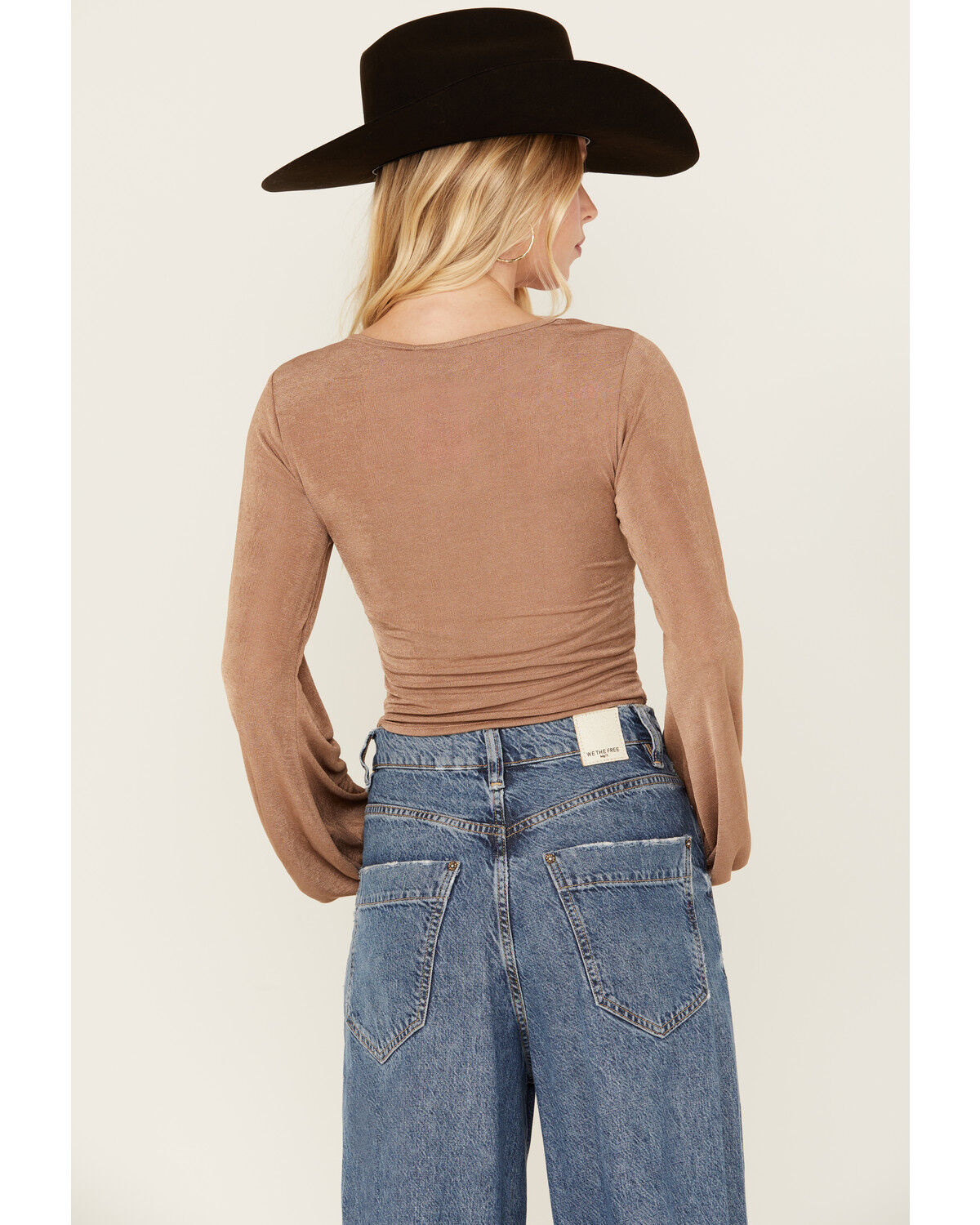 Image #4 - Rock & Roll Denim Women's Metal Ring Long Sleeve Cropped Top, Tan, hi-res