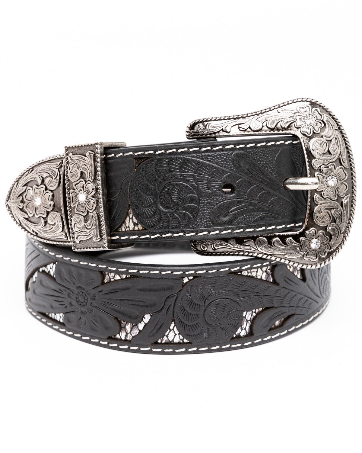 Shyanne Women's Tooled Floral Cut Out Underlay Western Belt, Black, hi-res