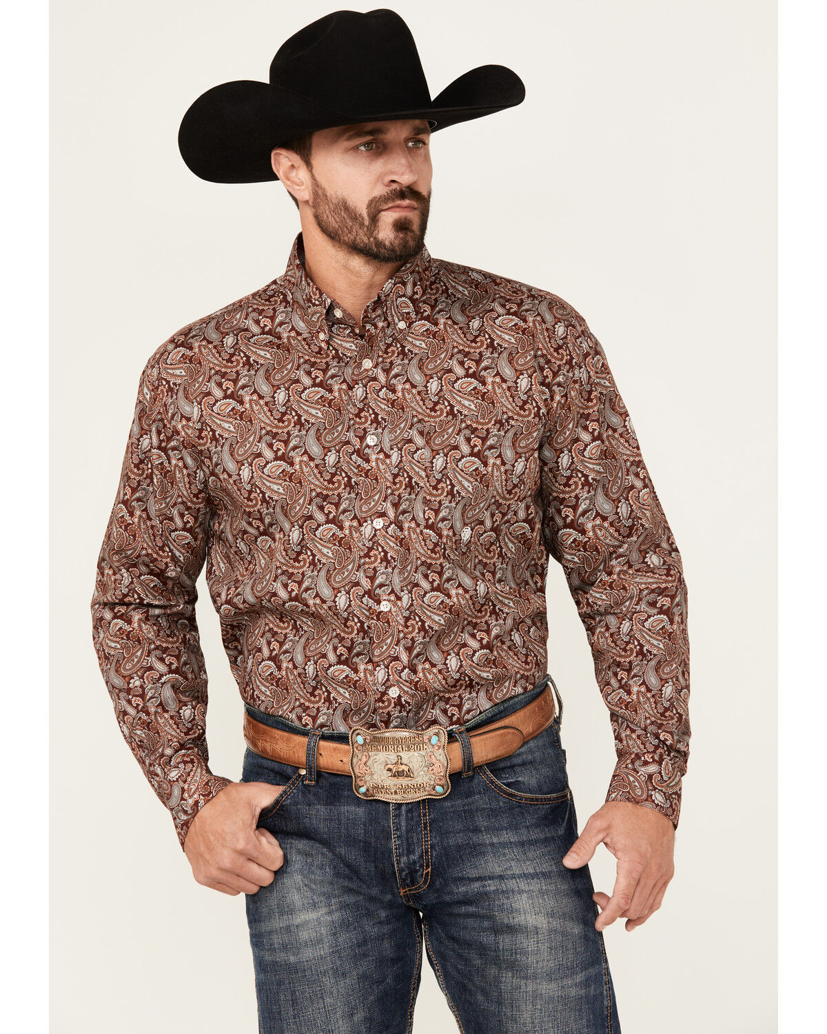 Image #1 - Roper Men's Amarillo Paisley Print Long Sleeve Button-Down Western Shirt, Wine, hi-res