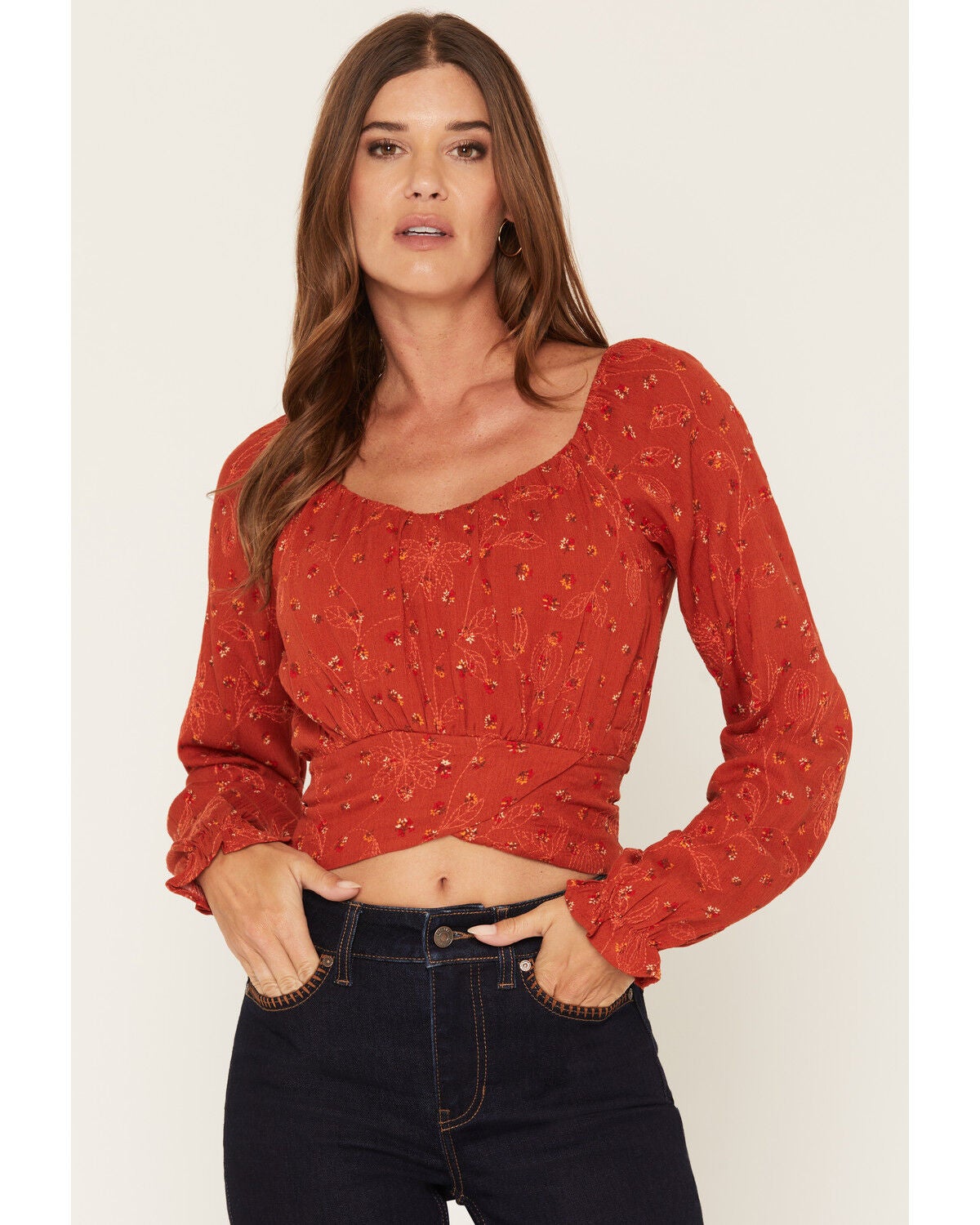 Wild Moss Women's Boot Barn Exclusive Floral Embroidered Tie-Back Top, Rust Copper, hi-res