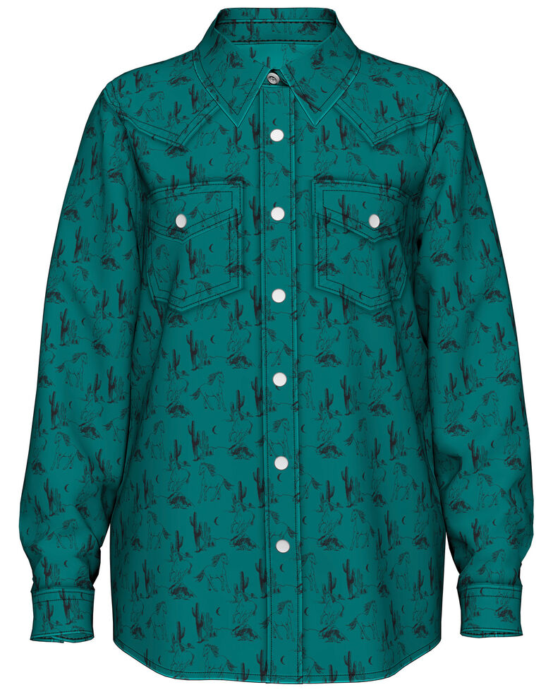Wrangler Girls' Turquoise Horse Print Long Sleeve Western Shirt , Turquoise, hi-res