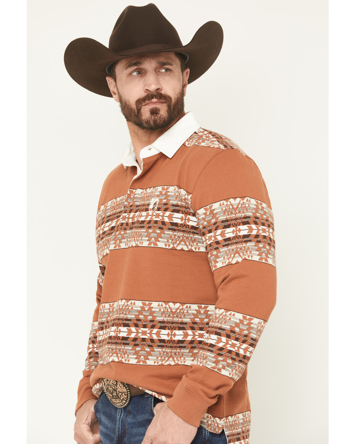Image #3 - RANK 45® Men's Southwestern Striped Rugby Polo Shirt, Cognac, hi-res