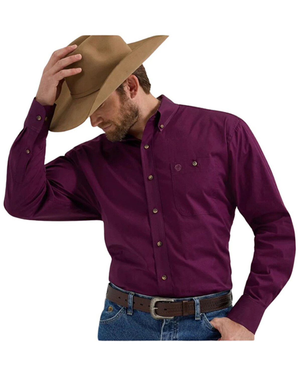 Image #1 - George Strait by Wrangler Men's Solid Long Sleeve Button-Down Stretch Western Shirt, Burgundy, hi-res