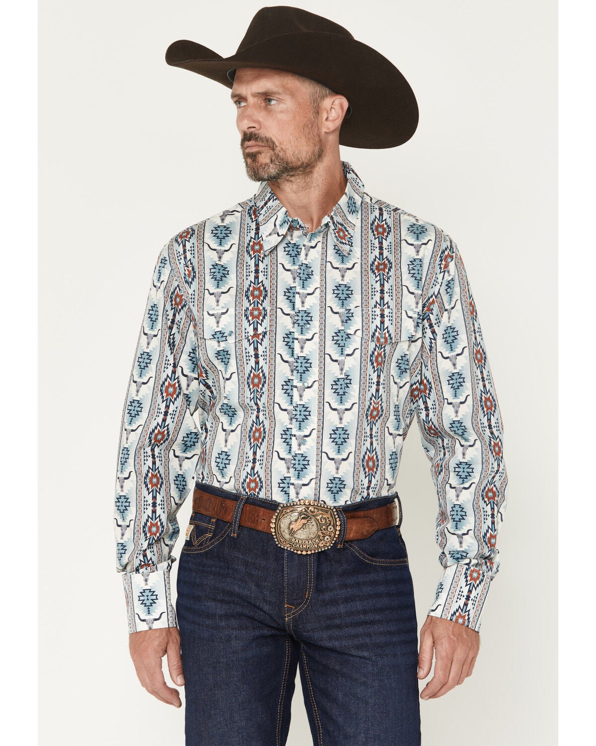 Image #1 - Wrangler Men's Checotah Southwestern Striped Long Sleeve Pearl Snap Western Shirt, Blue, hi-res