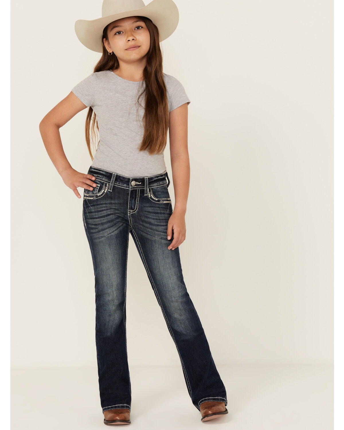 Image #3 - Grace in LA Girls' Dark Wash Horseshoe Flower Pocket Bootcut Stretch Denim Jeans, Dark Wash, hi-res