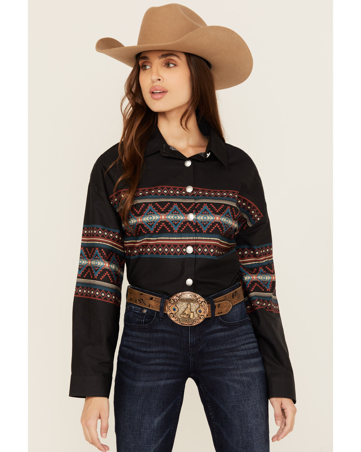 Image #1 - Rock & Roll Denim Women's Southwestern Border Print Cropped Long Sleeve Button-Down Western Shirt, Black, hi-res