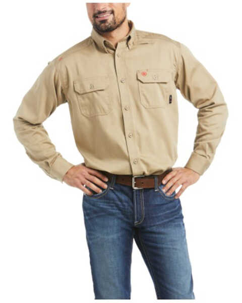 Ariat Men's FR Solid Long Sleeve Button Down Twill Work Shirt - Big , Beige/khaki, hi-res