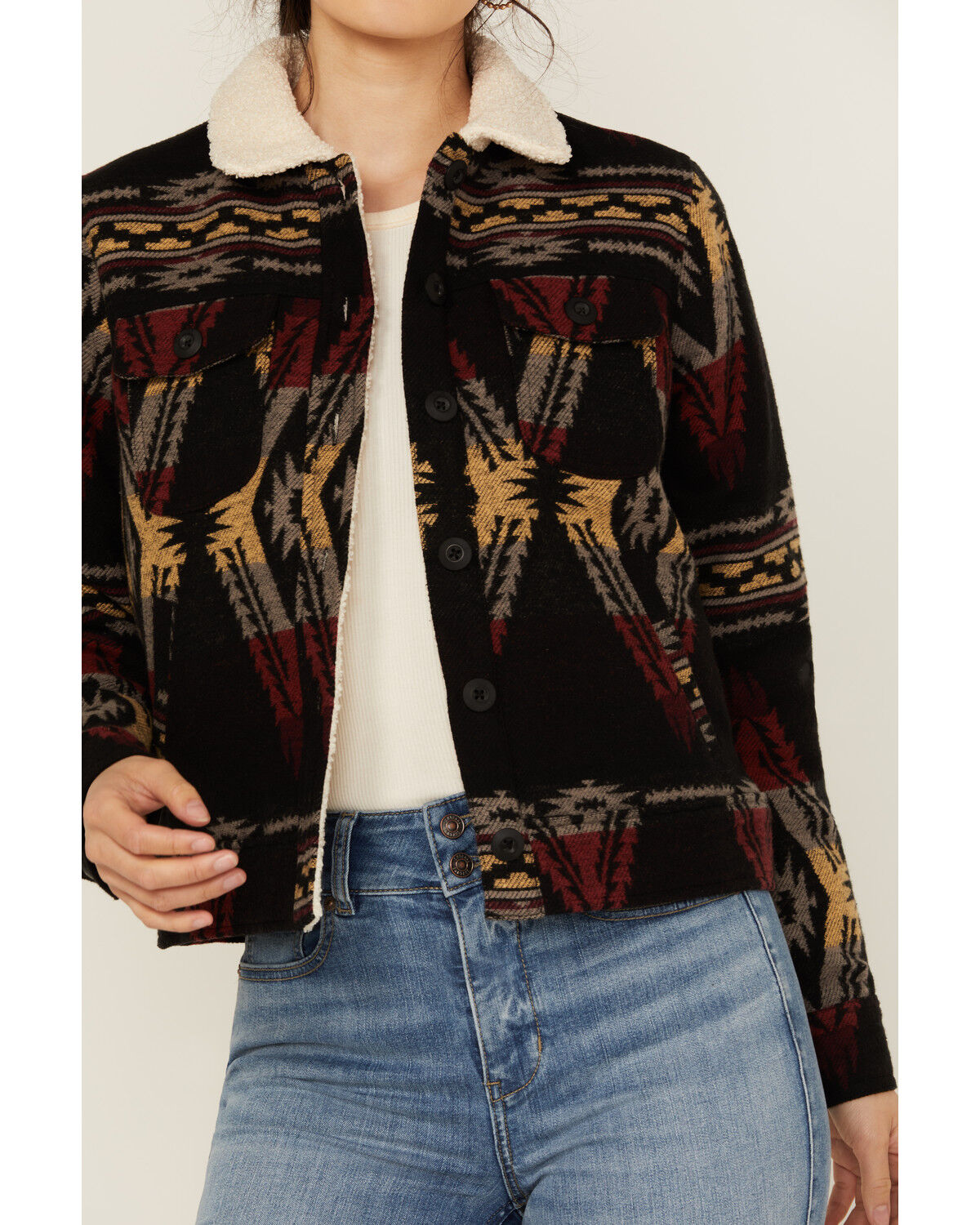 Image #3 - Rock & Roll Denim Women's Southwestern Print Sherpa Lined Jacket, Black, hi-res