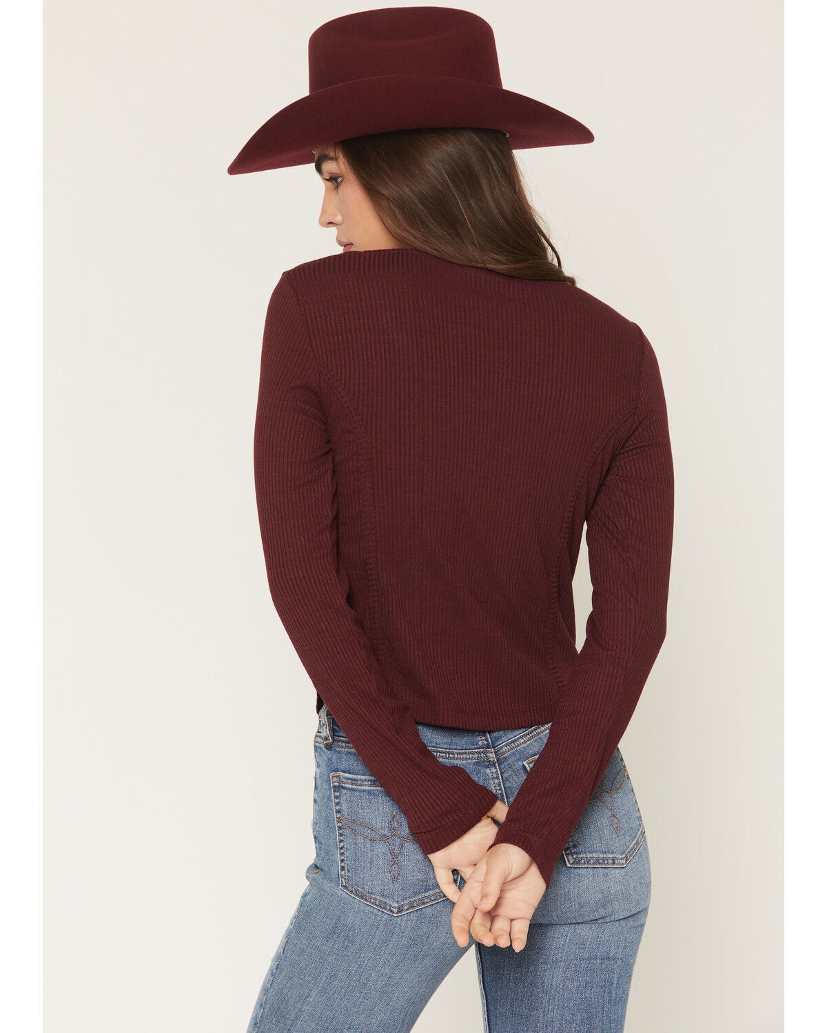 Image #4 - Shyanne Women's Maddox Solid Rib Knit Long Sleeve Shirt, Brick Red, hi-res