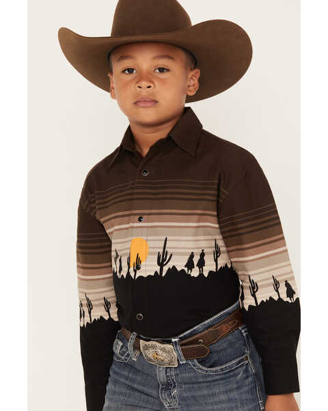 Image #2 - Panhandle Boys' Cactus Sunset Border Print Long Sleeve Snap Western Shirt, Black, hi-res