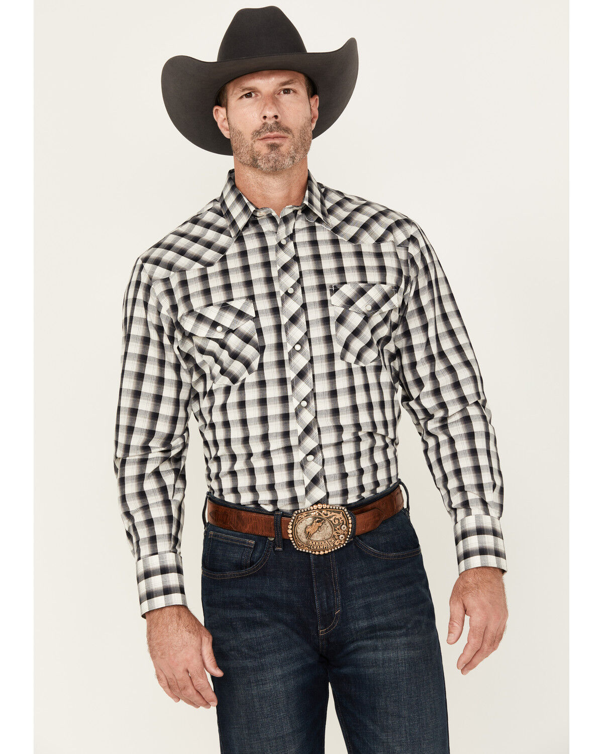 Image #1 - Roper Men's Plaid Print Long Sleeve Snap Stretch Western Shirt, Blue, hi-res