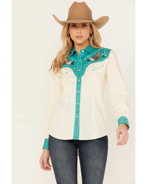 Panhandle Women's Coyote Retro Long Sleeve Snap Western Shirt , Cream, hi-res