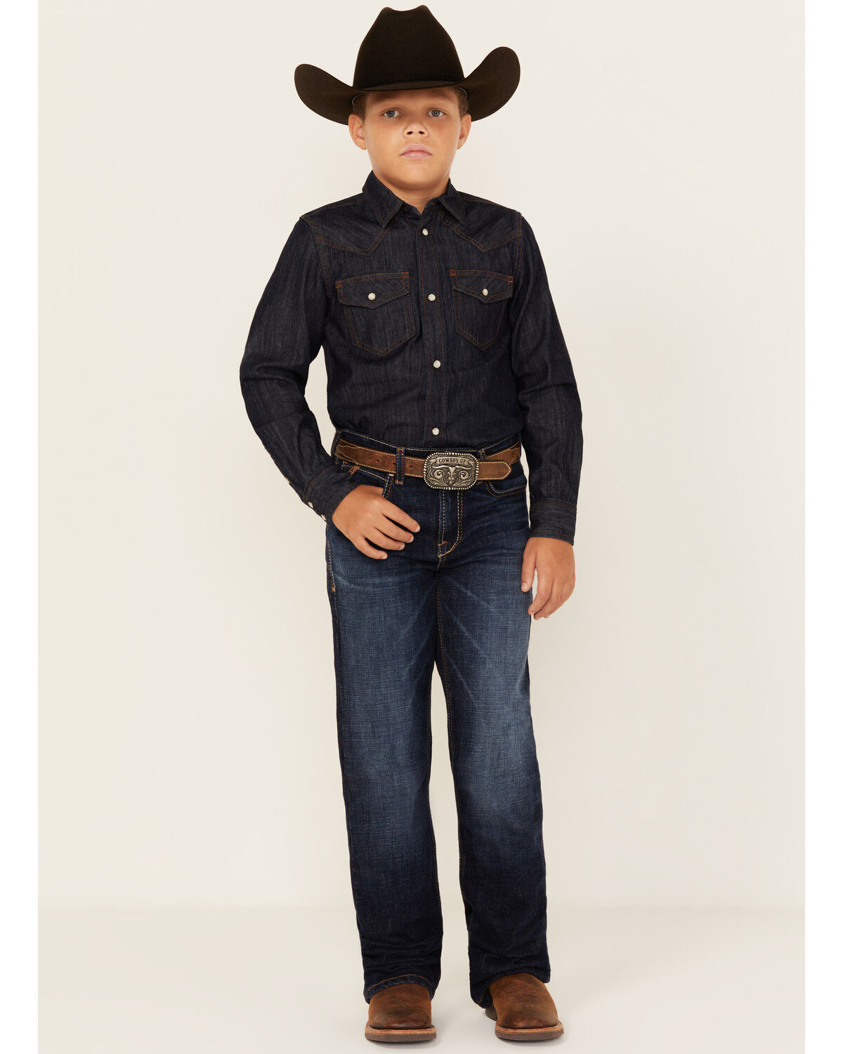 Image #1 - Ariat Boys' B4 Relaxed Bootcut Stretch Denim Jeans, Dark Wash, hi-res