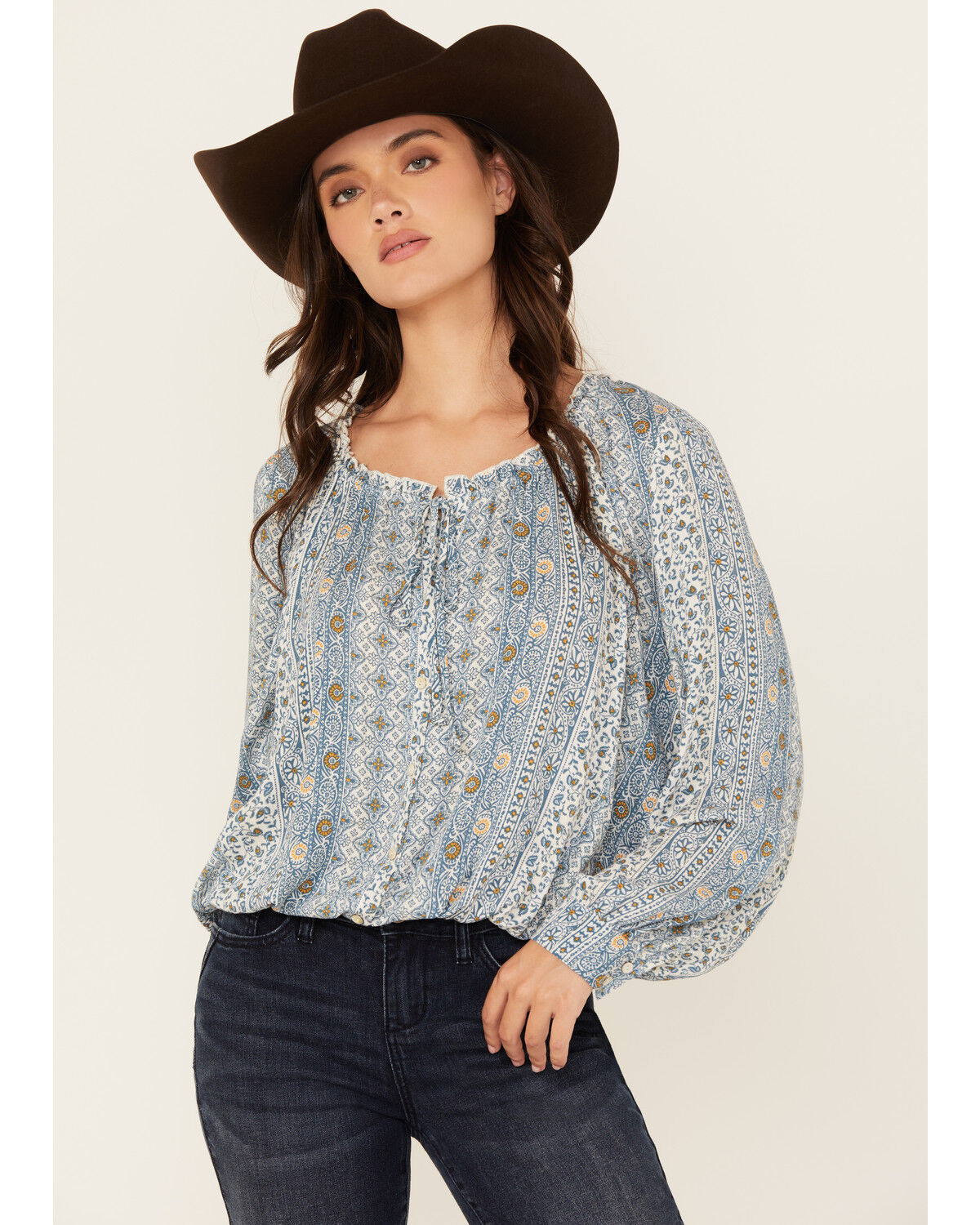 Image #1 - Wild Moss Women's Striped Button-Down Long Sleeve Top, Blue, hi-res