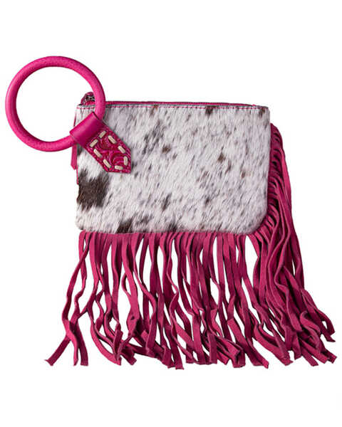 Trinity Ranch Women's Hairon Cowhide Ring Handle Wristlet , Pink, hi-res