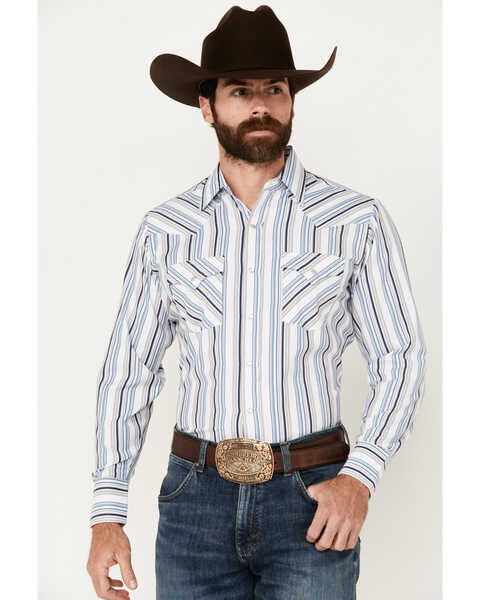 Ely Walker Men's Striped Print Long Sleeve Pearl Snap Western Shirt - Tall, White, hi-res