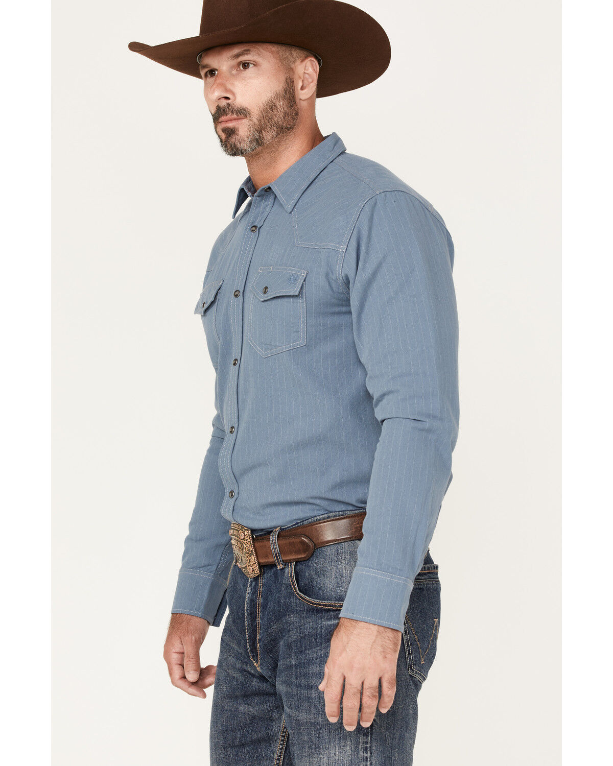 Image #2 - Blue Ranchwear Men's Ticking Stripe Snap Western Workshirt, Blue, hi-res