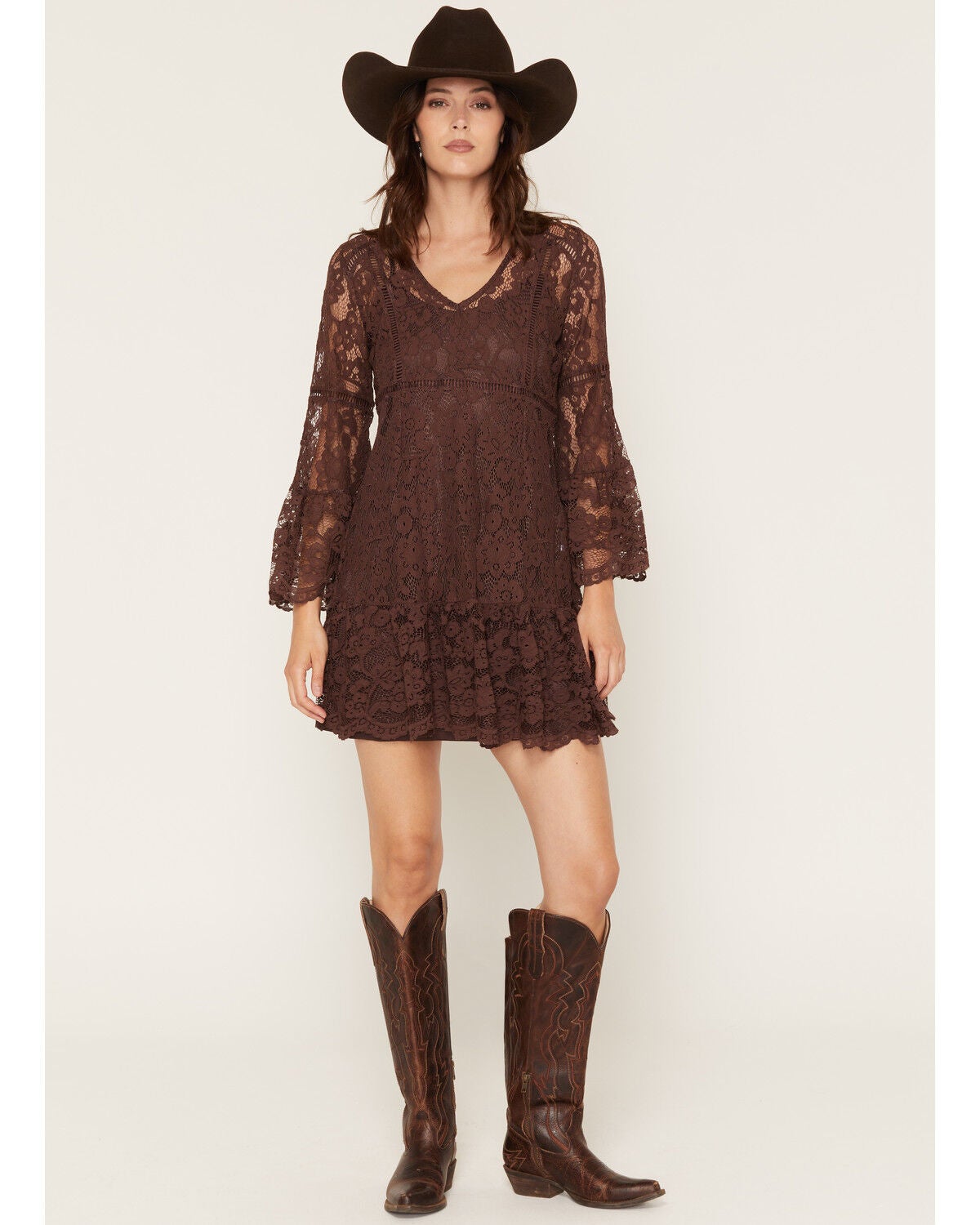Image #1 - Scully Women's Lace Crochet Long Bell Sleeve Mini Dress, Chocolate, hi-res