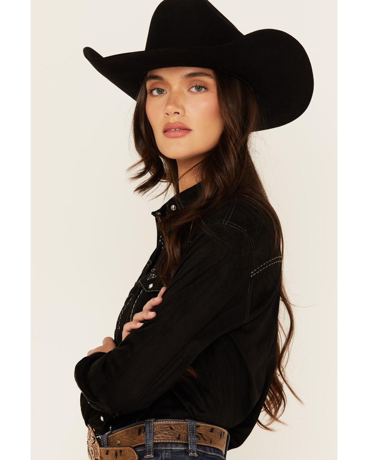 Image #2 - Cowgirl Hardware Women's Faux Suede Long Sleeve Snap Western Shirt, Black, hi-res
