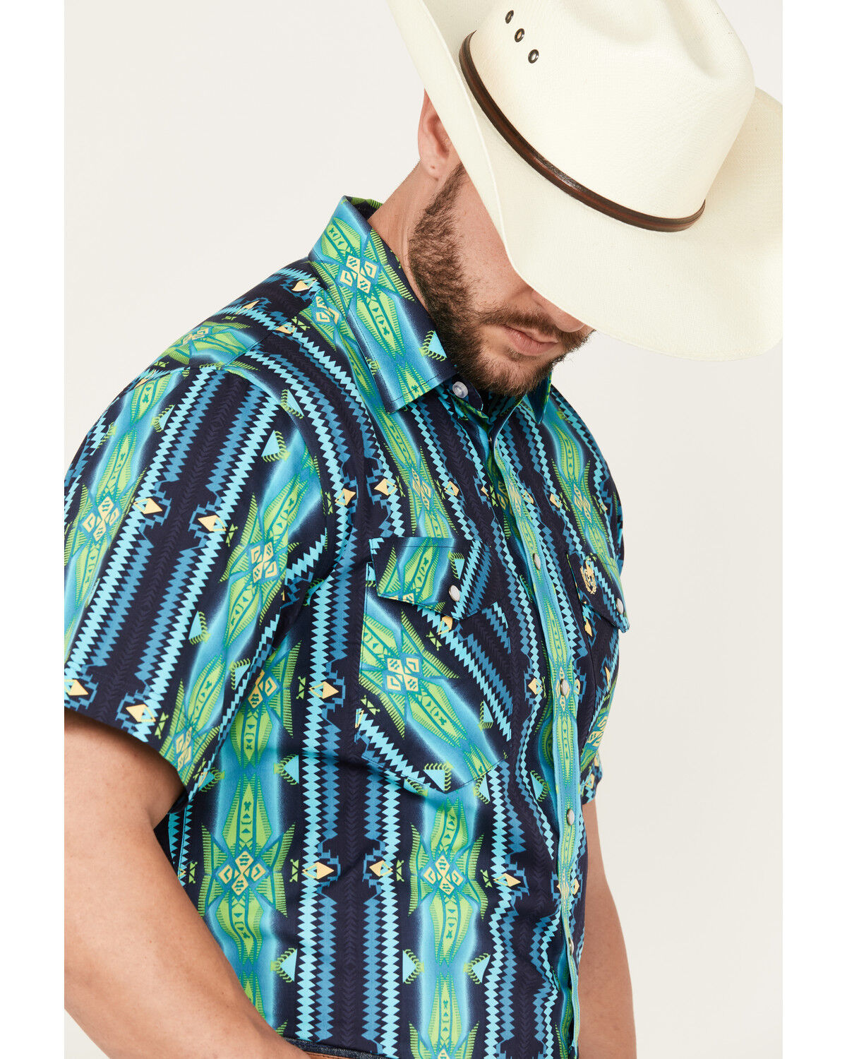 Image #2 - Panhandle Select Men's Southwestern Print Short Sleeve Snap Western Shirt, Turquoise, hi-res