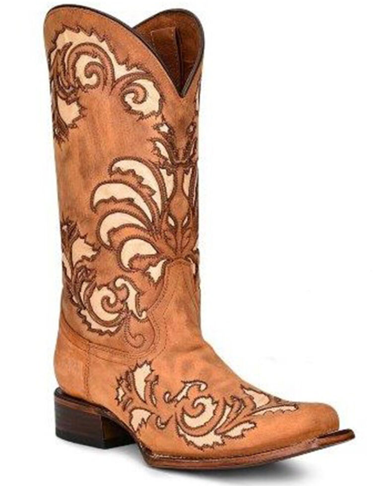 Corral Women's Honey Inlay & Embroidery Tall Western Boots - Square Toe, Honey, hi-res