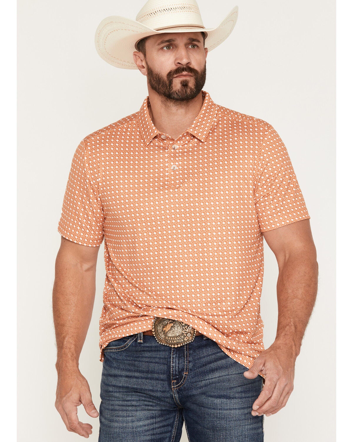 Burlebo Men's Texas Short Sleeve Button-Down Performance Polo Shirt, Orange, hi-res