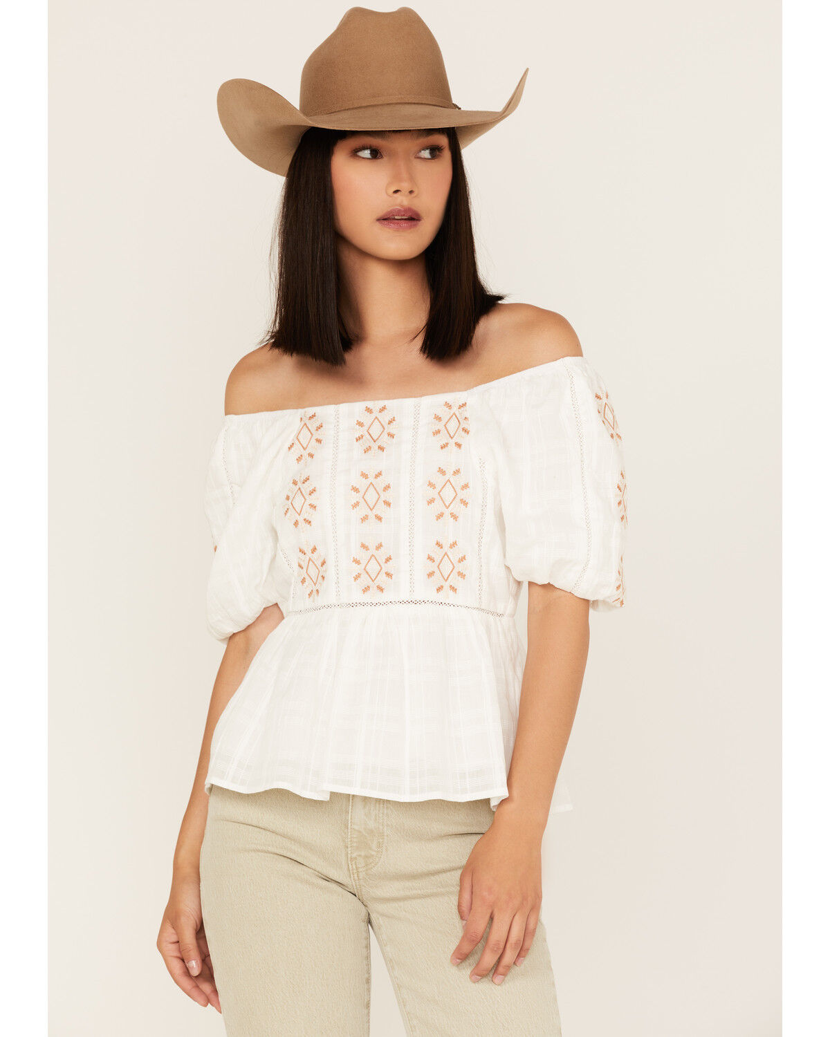 Image #1 - Miss Me Women's Embroidered Puff Sleeve Top, White, hi-res