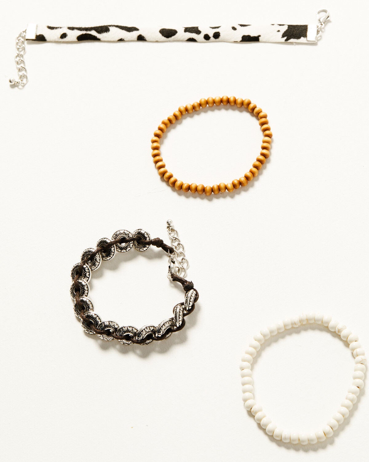 Shyanne Women's Braided Concho Cow Print Beaded Bracelet Set - 4-Piece, Silver, hi-res