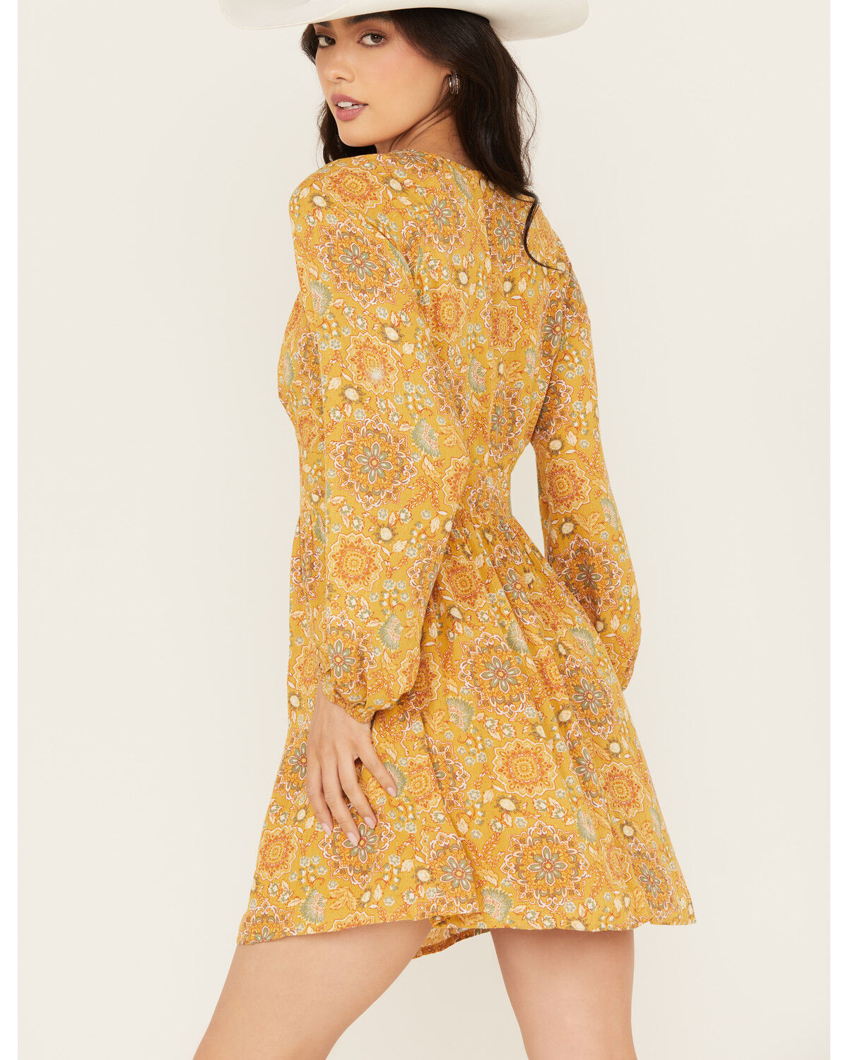 Image #4 - En Creme Women's Medallion Print Cut Out Long Sleeve Mini Dress, Mustard, hi-res