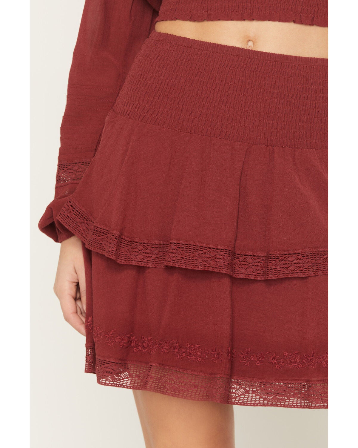 Image #3 - Shyanne Women's Embroidered Flutter Mini Skirt, Burgundy, hi-res