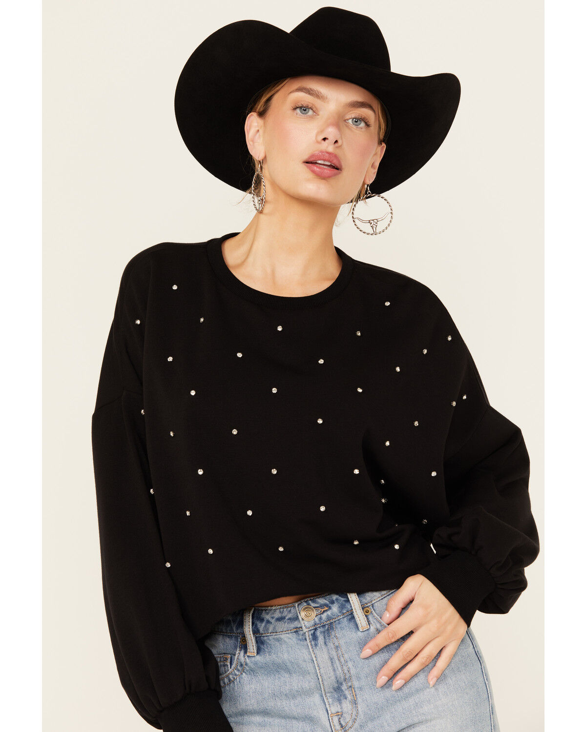 Image #1 - Rock & Roll Denim Women's Rhinestone Sweatshirt, Black, hi-res