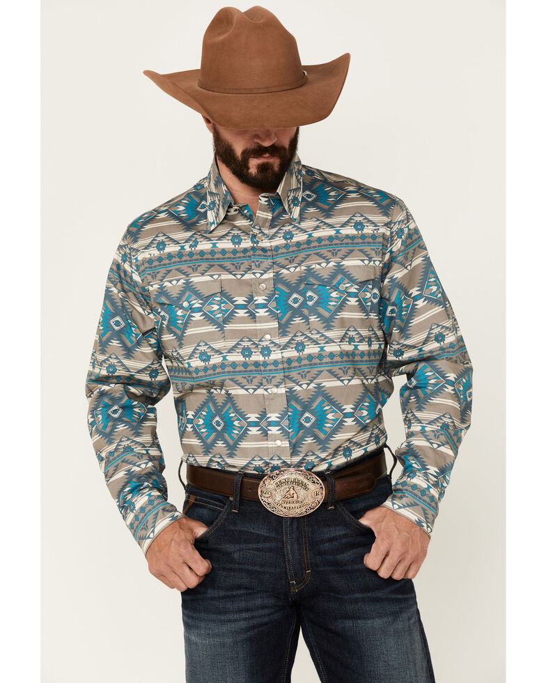 Roper Men's Khaki Large Southwestern Print Long Sleeve Snap Western Shirt , Brown, hi-res