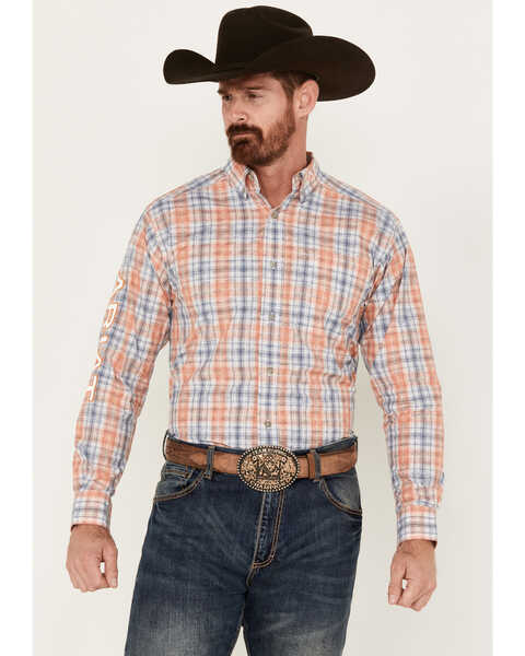 Ariat Men's PCH Team Damion Southwestern Plaid Print Long Sleeve Button-Down Shirt - Big, Peach, hi-res