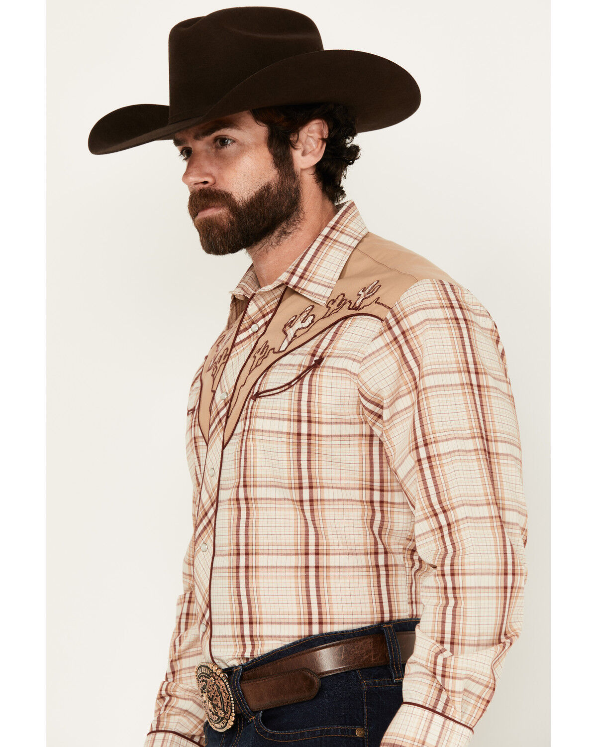 Image #2 - Roper Men's Plaid Print Embroidered Long Sleeve Pearl Snap Western Shirt, Tan, hi-res