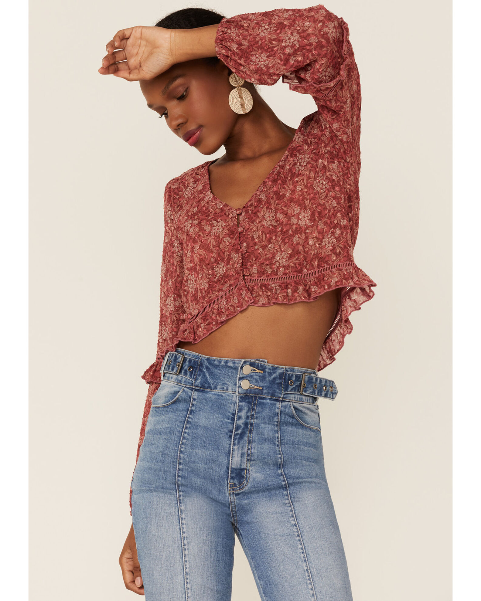 Womens ruffle hem shop tops