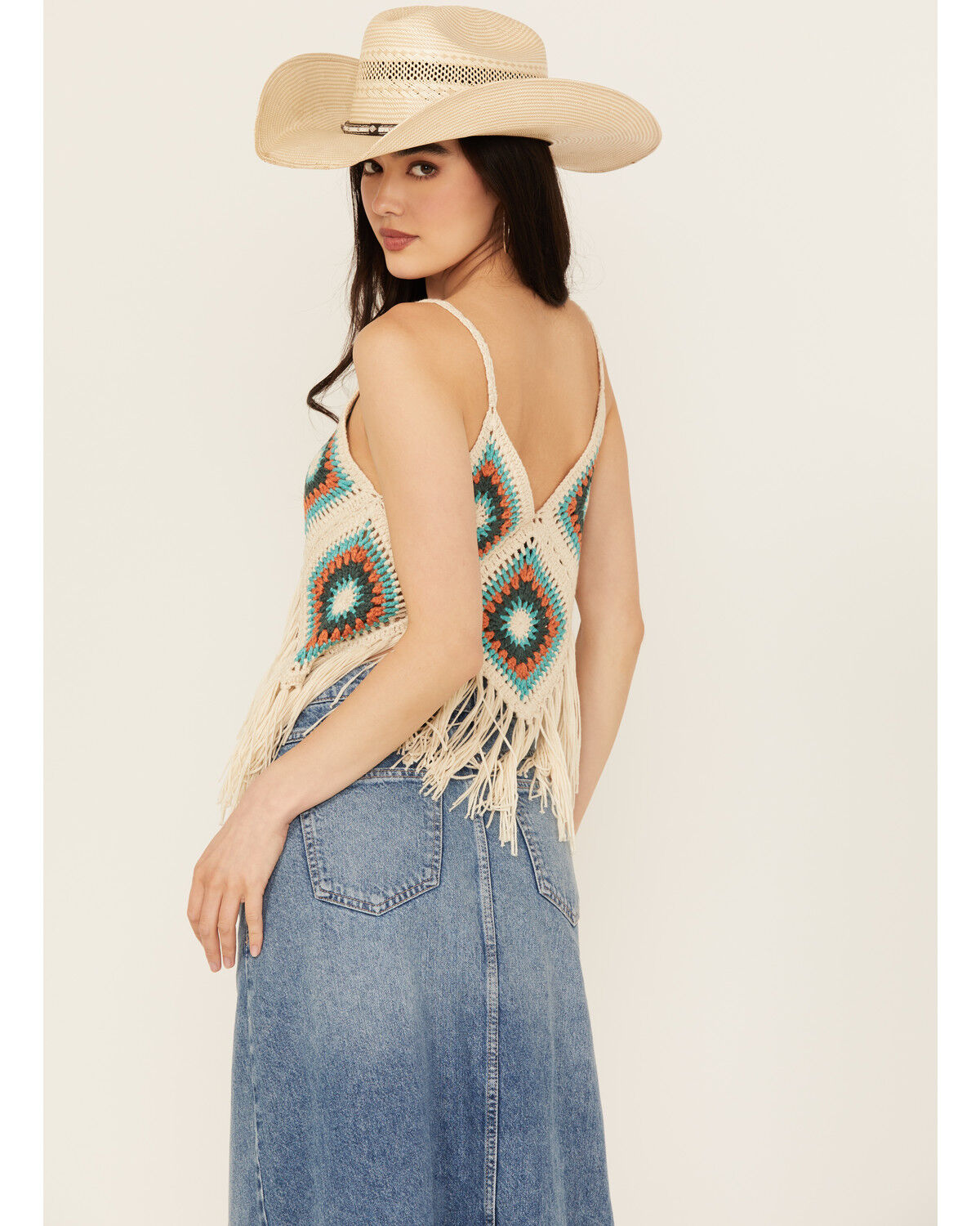 Image #4 - Rock & Roll Denim Women's Crochet Fringe Tank, Cream, hi-res