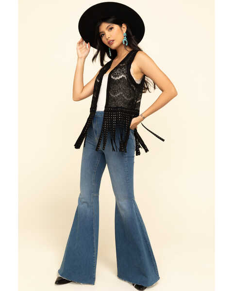 Image #6 - Vocal Women's Lace Studded Fringe Vest, Black, hi-res