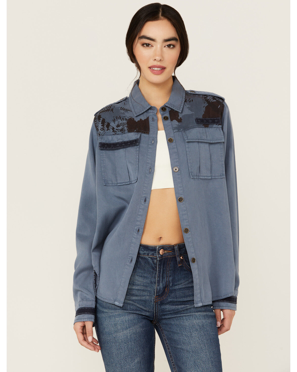 Image #2 - Cleo + Wolf Women's Axel Printed Long Sleeve Button-Down Shirt, Indigo, hi-res