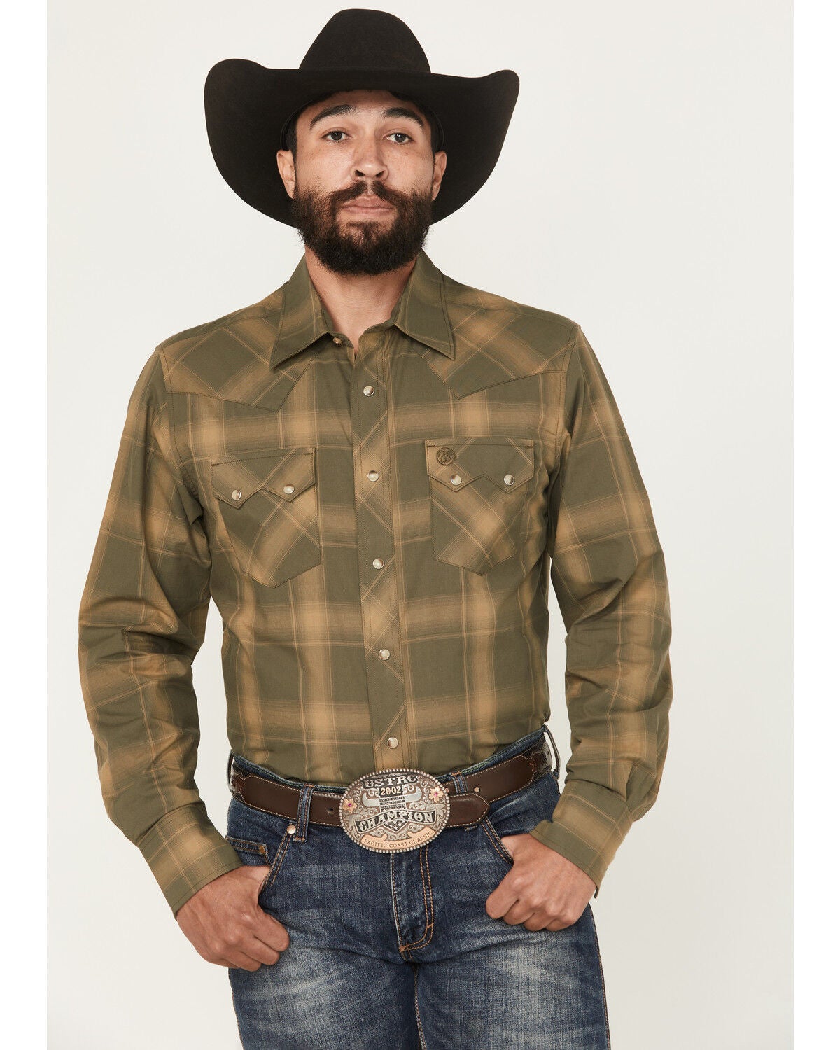 Wrangler Retro Men's Plaid Print Long Sleeve Snap Western Shirt, Green, hi-res