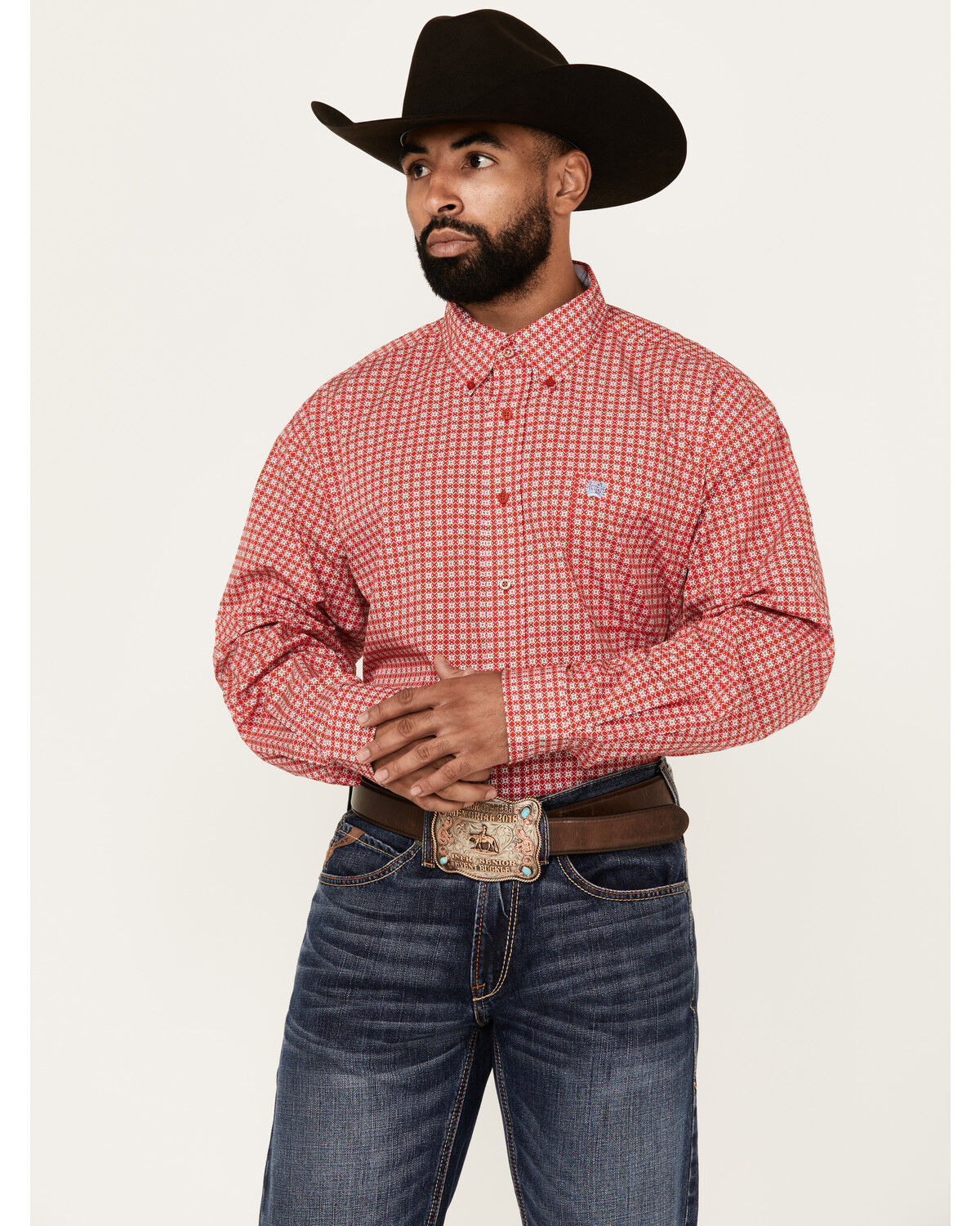 Image #1 - Cinch Men's Geo Print Long Sleeve Button-Down Western Shirt, Red, hi-res
