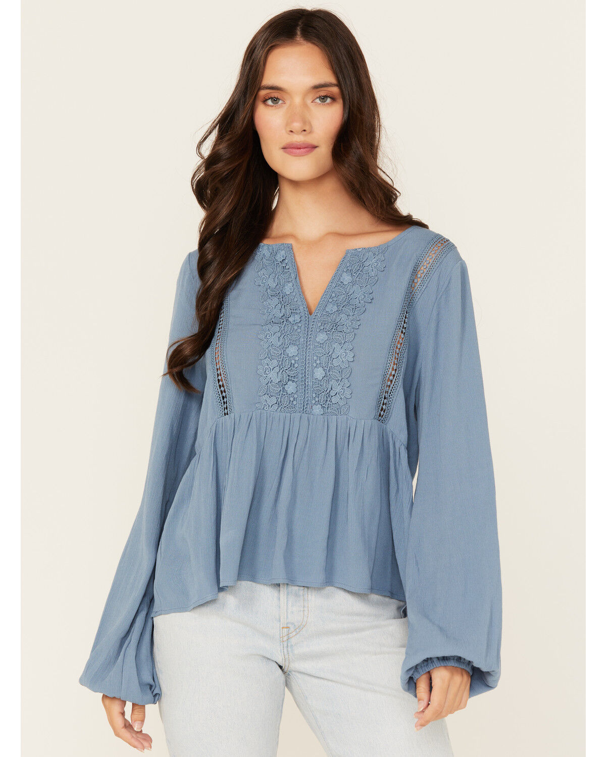 Image #1 - Wild Moss Women's Crochet Trim Top, Blue, hi-res