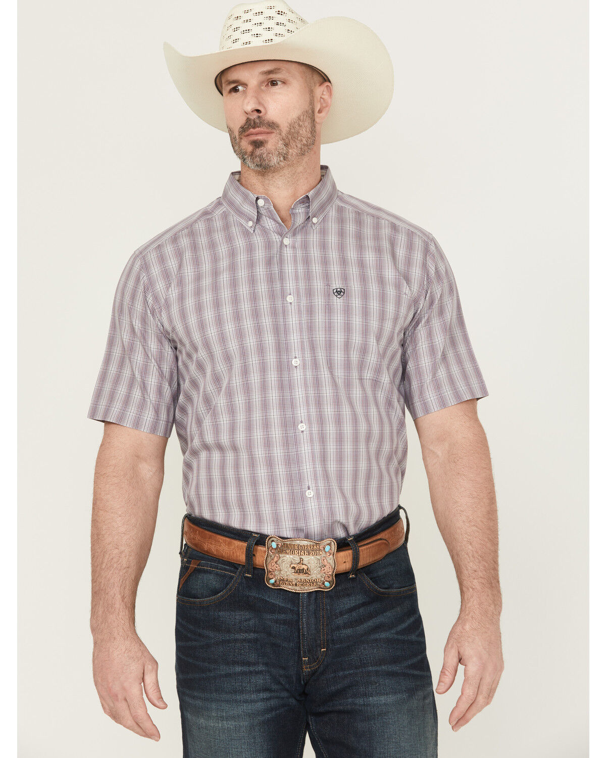 Image #1 - Ariat Men's Roy Plaid Print Short Sleeve Button-Down Western Shirt, Grey, hi-res