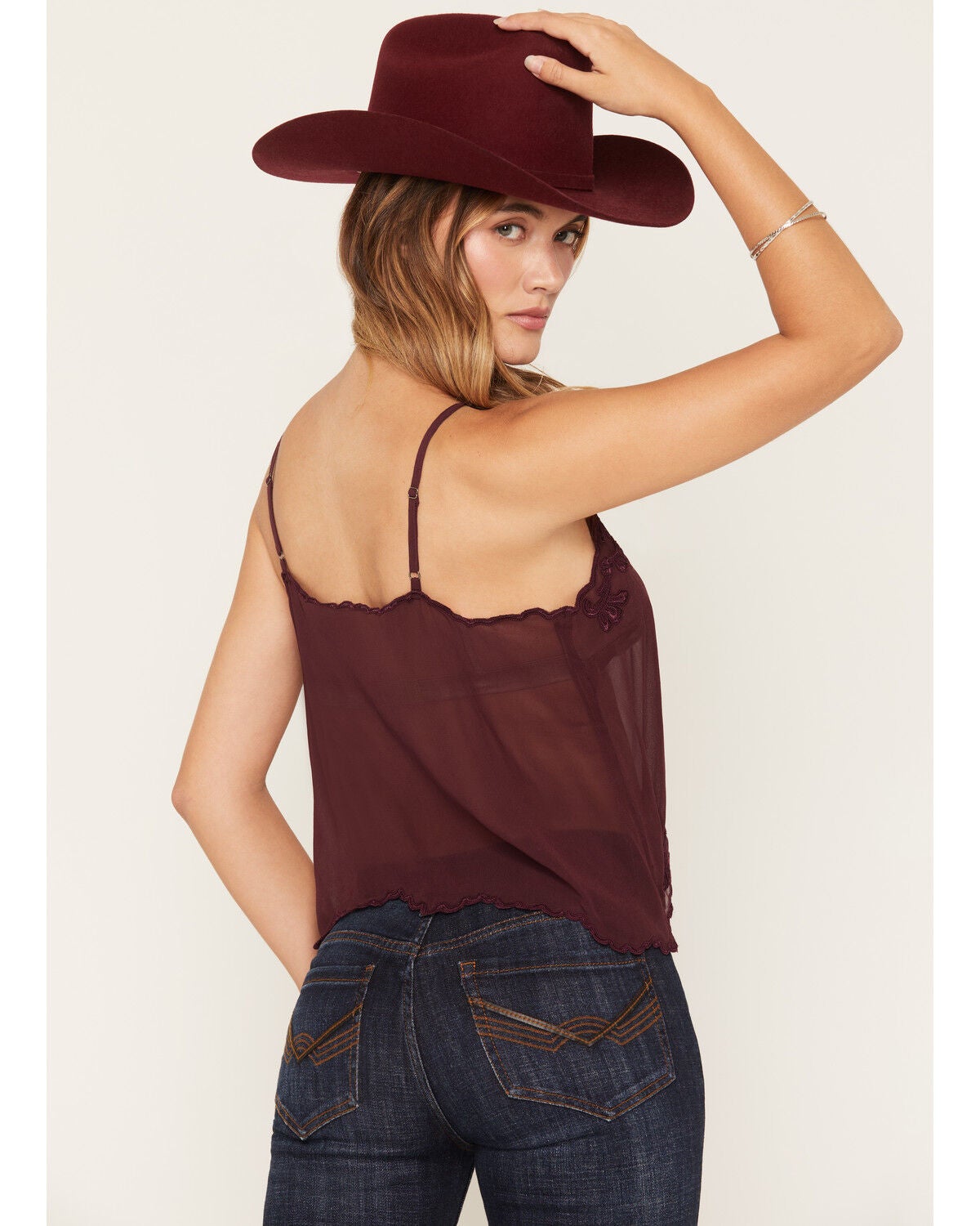 Image #4 - Idyllwind Women's Santa Rosa Embroidered Georgette Tank, Wine, hi-res