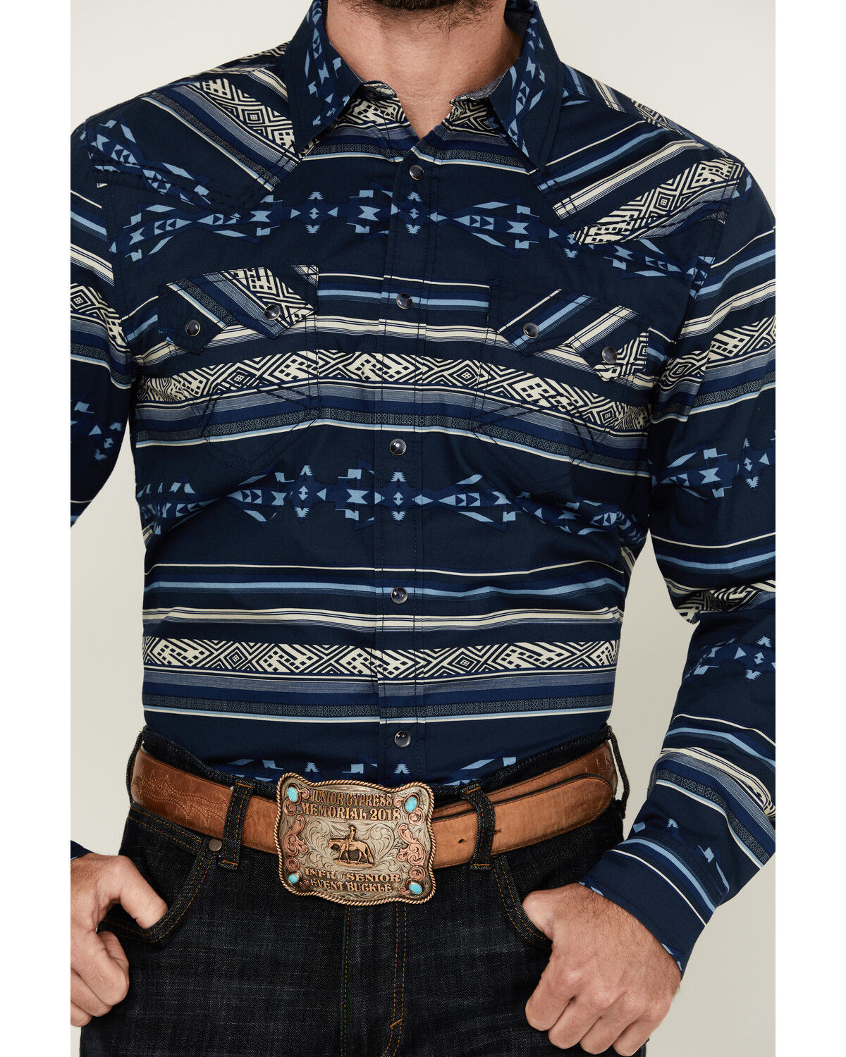 Image #3 - Cody James Men's Distance Southwestern Striped Long Sleeve Snap Western Shirt, Navy, hi-res