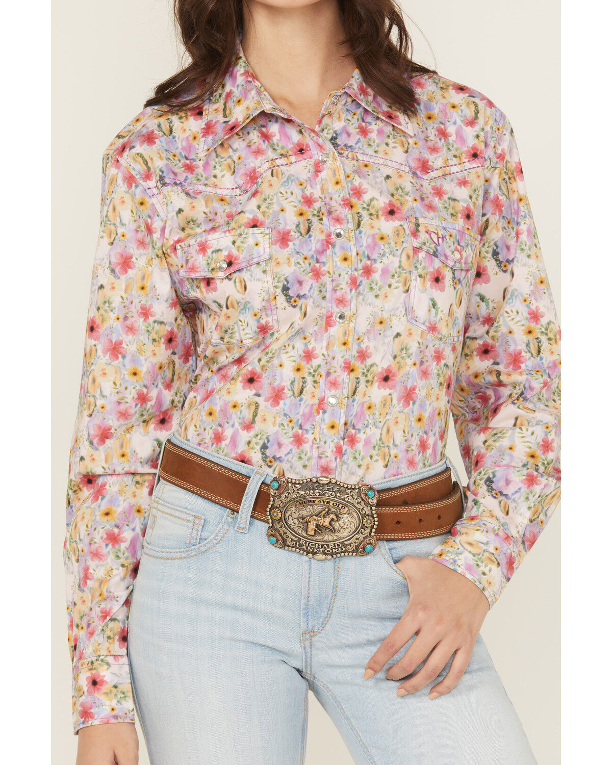 Image #3 - Cowgirl Hardware Women's Floral Monet Long Sleeve Snap Stretch Western Shirt, Multi, hi-res