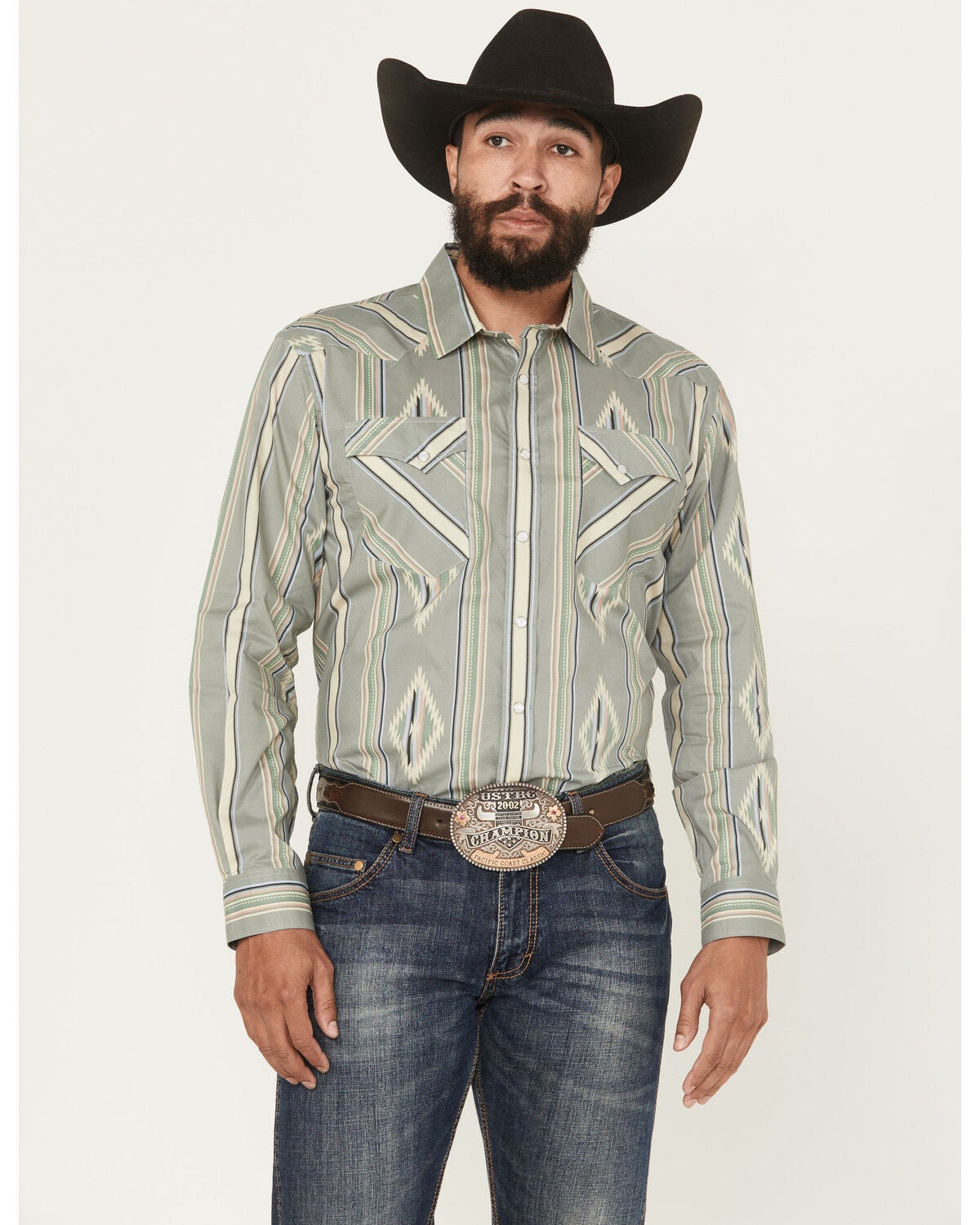Panhandle Slim Men's Southwestern Striped Print Long Sleeve Snap Western Shirt, Sage, hi-res