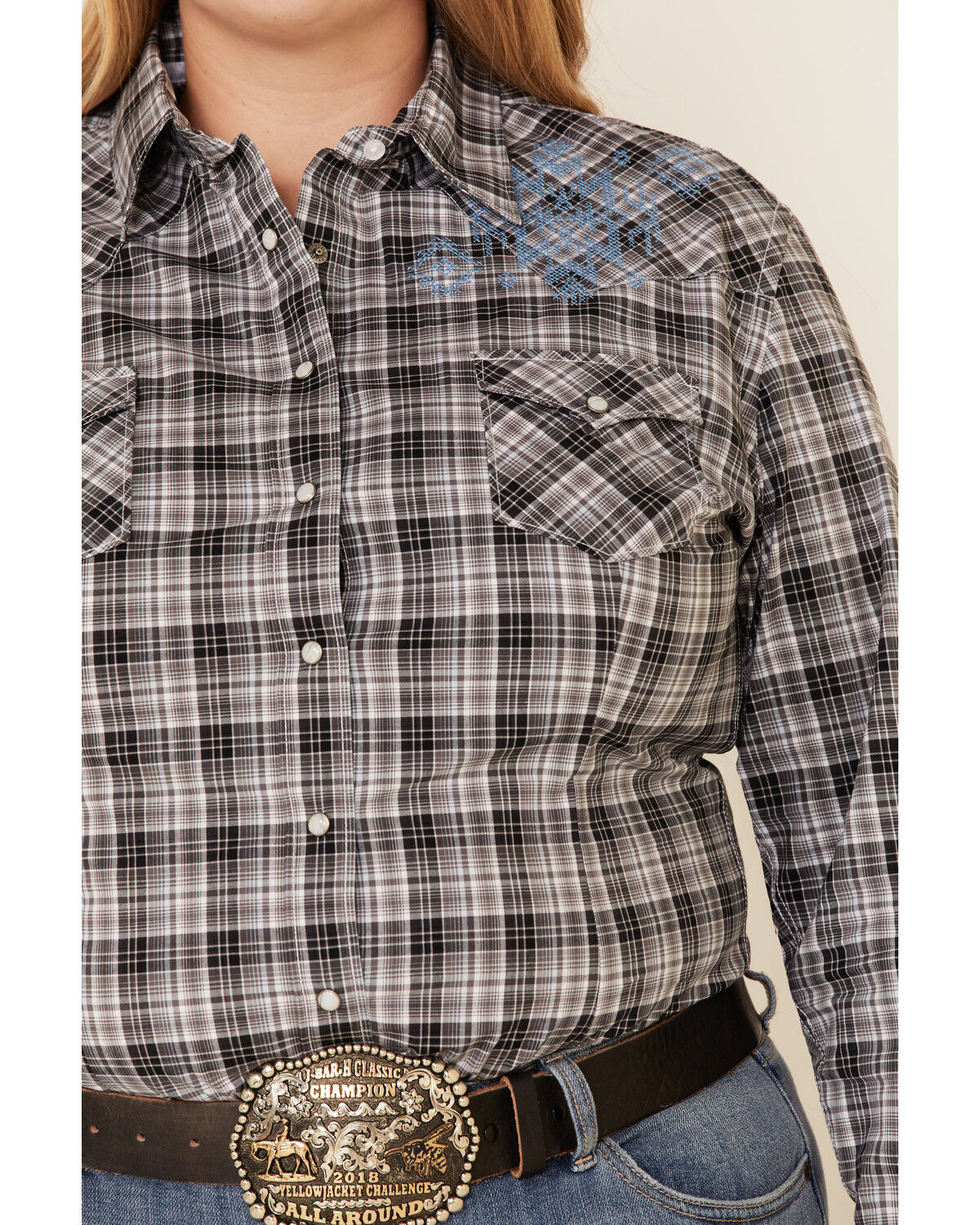 Image #3 - Rough Stock by Panhandle Women's West Bourne Plaid Print Long Sleeve Western Shirt - Plus, Black, hi-res
