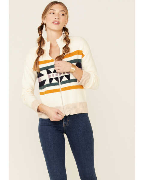 Hem & Thread Women's Southwestern Jacquard Zip-Front Sweater , Cream, hi-res