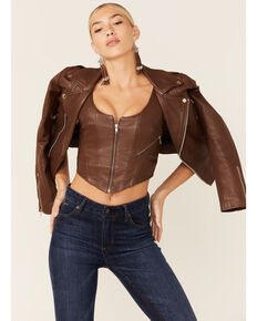 Understated Leather Women's Slick Leather Moto Jacket, Brown, hi-res