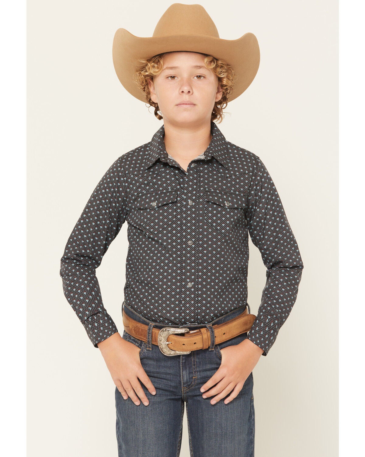 Image #1 - Gibson Trading Co Boys' Moonflower Geo Print Long Sleeve Snap Western Shirt, Black, hi-res